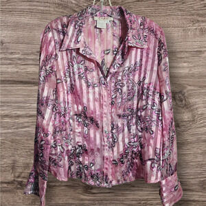 Como pink semi sheer button front floral print Y2K wide cuff blouse woman's sz L